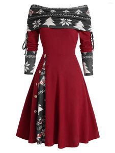 Lässige Kleider Langarm-Farbblock-Kleid Weihnachtsbaum-Schneeflocken-Druck Cinched Godet A-Linie Mini-Robe für Frauen