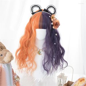 Forniture per feste CosplayMix 60CM Lolita Arancione Viola Ombre Frangia lunga e riccia Simpatici capelli sintetici e parrucca cosplay di corna da diavolo di Halloween