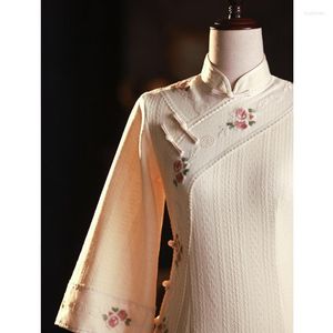 Ethnische Kleidung Herbst Winter Mittellang Beige Cheongsam Kleid Vintage Schlank Dicke Frauen Chenille Brautkleider S bis XXL Große Ärmel