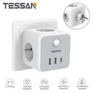 Tricô Tessan UE Plug Power Strip Cube com 3 pontos de venda +3 portas USB Múltipla proteção do adaptador de parede europeu de parede de plugue
