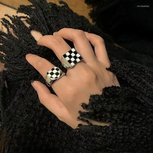 Cluster Rings Fashion Personality Checkerboard Opening Ring For Women Teen Ins Simple Design Female Girls Trend Index Finger Jewelry