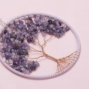 Stickning Amethyst Healing Crystal Tree of Life Hanging Ornament Wire Quartz Gemstone Wall Window Hanger Home Office Decoration Dia 16cm