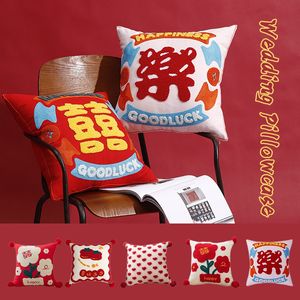 Pillow Case Oriental Style Weddings Decor Cushion Cover Embroidered Red Tufted Cushion Cover Chinese Wedding Double Happiness Pillow Case 230629