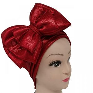 Wide Brim Hats Bucket Nigerian Shiny Big Bowknot Headtie Cap Party Headwear Solid Color Pleated Turban Elastic African Hijab Already Made Bonnets 230629