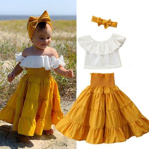 Conjuntos de roupas 1 7 anos verão crianças bebê menina camiseta branca com babados cropped tops amarelo saia cintura alta 3 peças conjunto de roupas para meninas 230630