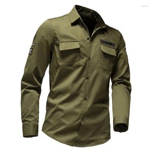 Camisas casuais masculinas Camisa militar masculina de manga comprida de algodão Vestido de trabalho cargo com bordado Top tático com vários bolsos ao ar livre