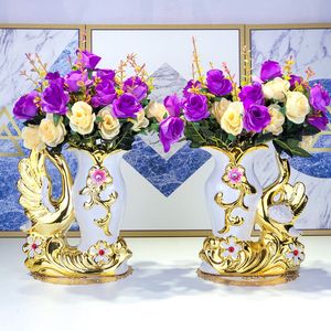 Vases European Style Ceramic Golden Swan Flower Vase Maison Living Room Creative Dining Table White Vases Arrangement Home Decoration 230628