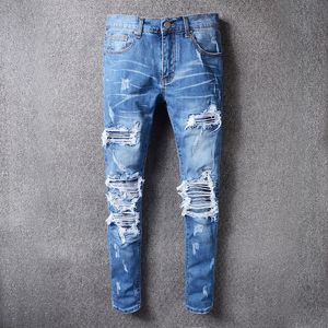 Männer Jeans Street Fashion Männer Retro Blau Elastische Stretch Skinny Fit Ripped Loch Gepatcht Designer Hip Hop Marke Hosen hombre 230629