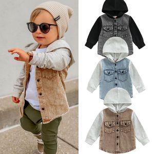 Jacken FOCUSNORM 0 4Y Kid Boy Herbst Jacke Mantel Langarm Kapuzentaschen Knöpfe Farbe Patchwork Denim Outwear 3 Farben 230630