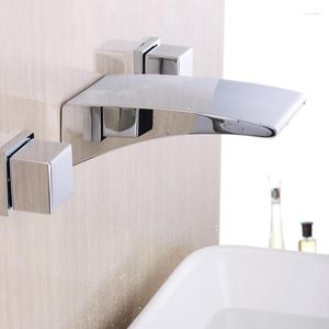 Bathroom Sink Faucets Faucet Wall Mounted Waterfall Bath Filler Tap 3 Hole Two Handles Chrome Bathtub Lavatory Mixer Taps