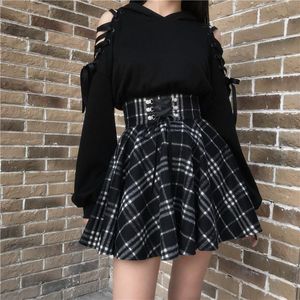 Dresses 2021 Spring Autumn Winter High Waisted Laceup Short Plaid Wool Skirts Mini Tutu Femme Gothic Lolita Skirt Women