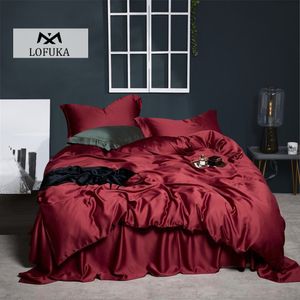 Sängkläder set Lofuka Luxury Women 100% Silk Red Bedding Set 6a Grade Silk Däcke Cover Queen King Flat Sheet Mitted Sheet Pudow Case for Sleep 230629