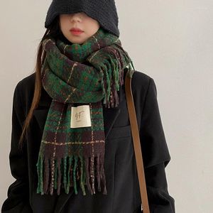 Cachecóis Retro Xadrez Cashmere Cachecol Feminino Inverno Grosso Quente Capa Sólida Envoltório Feminino Bandana Pashmina Longa Borla Foulard