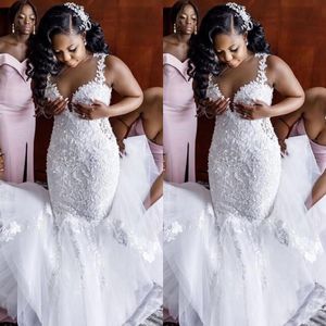 Biała koronkowa suknia ślubna syrena plus wielkości Kwiki kwiatowe spaghetti Paski bez rękawów 2023 Nowe afrykańskie suknie ślubne
