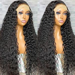 カーリー180デンシーヒューマンヘアウィッグブラックカラー360 Glueless Full Lace Front Wig 36インチ13x4 HD女性用水波波透明合成前身