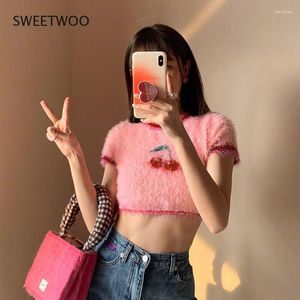 Camisolas femininas de verão redondo pescoço de manga curta cereja rosa adorável menina suéter 2023 casual slim crot top moda de rua feminina