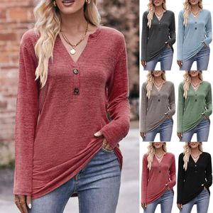 Kadın T Shirt Casual V Boyun Düğmesi Fırçalanmış Gömlek Polyester Kadın Bayan Noel Elbise Bluz Tunik Uzun Kollu Tops