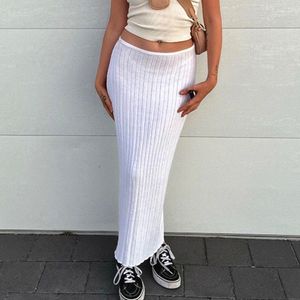 Röcke Frauen Casual Beach Style Röcke solide gerippte Strickrock/Kleid weibliche elastische Taille Schlanke Stretchböden Kleidung Streetwear 230630