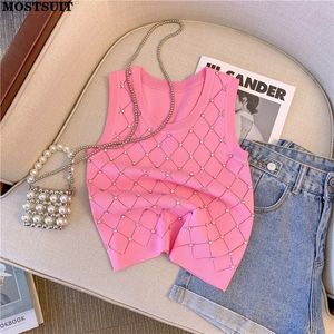 Damenwesten Diamanten Argyle Slim Strickpullover Weste Crop Tops 2023 Sommer Ärmellos O-Ausschnitt Strickwaren Stilvolle Mode Sexy Pullover 230630