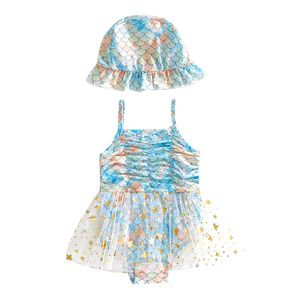 Rompers Baby Girls Mermaid Clothing Summer Romper with Hat Suit Sleeveless Straps Jumpsuit Swimwear Outfits 230630