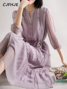 Casual Dresses CJFHJE Elegant Bandage Single-Breasted Ruffles Dress Three Quater Midi With Liner Korean Fashion Loose Plain Purple