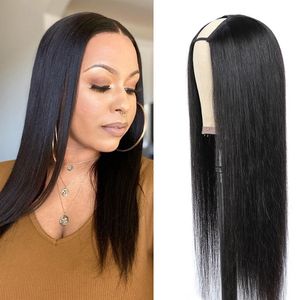 Brazylijczyk prosto w Part Wig Remy Human Hair z U-Part Bob 150% gęstość pół peruki Brak koronki dla czarnych kobiet