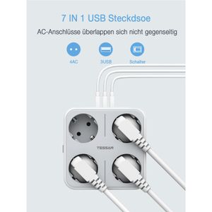 Tessan Tessan Usb Tira com soquete Switch 4way e 3 Adaptador de extensão de tomada inteligente USB EU com proteção contra sobrecarga