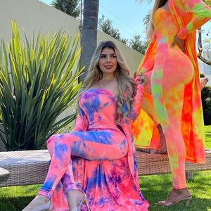 Kvinnors tvåbitar byxor Neon Color Tie Dying Print Set Tracksuit For Women Maxi Cardigan Axless Skinny Jumpsuit Matching Set RV223