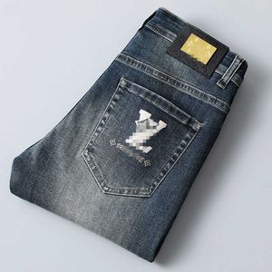 Marka dżinsów Designer jesień moda koreańskie szczupłe spodnie Slim Fit Grube haftowane niebieskie szare spodnie L98