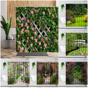 Tende da doccia Giardino Paesaggio Tende da doccia Fiori di vite verde Recinzione Sfondo pastorale Decorazione murale Tenda da bagno impermeabile con ganci 230629