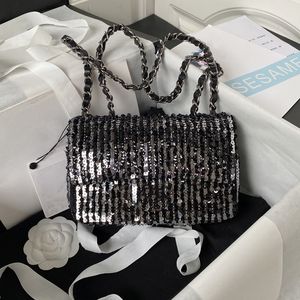 2023 Luxury Designer Small Flap Bag Top Quality Sequins Ruthenium-Finish Metal Women Shoulder Bags Black Silver Fashion lady Party Wedding Handbag with Box AS3820