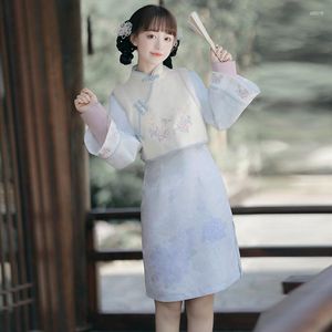 Kadınlar Yetişkin Mavi Cheongsam Beyaz Ceket Çin Tarzı Kadın Günlük Giyim Halk Dansları Retro Suit DWY6985 İçin Sahne Giyim Hanfu Giyim