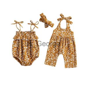 Kläderuppsättningar LIORaITIIN 024M NY Born Girls Sling Jumpsuit Flower Print ärmlösa korta byxor ROMPER Hårband Onepieces Baby Clothing J230630