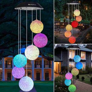 Fashion Color Changing Hanging Wind Chimes Solar Powered LED Ball Lights Garden Outdoor Rice Ball Shape Lamp White L230626