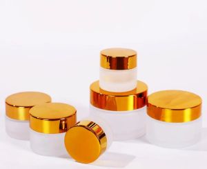 10 g, 15 g, 20 g, 30 g, 50 g, Kosmetik-Emulsionscreme-Flasche, transparentes/frostiges Glas für die Hautpflege mit goldenem Deckel, gutes 45-teiliges Glas-Cremeglas