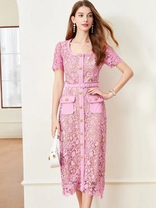 Basic Casual Dresses High Quality Women Pink Lace Hollow Out Runway Dress Ladies Temperament Celebrity Luxury O-Neck Long Sleeved Dresses Vestidos 2024