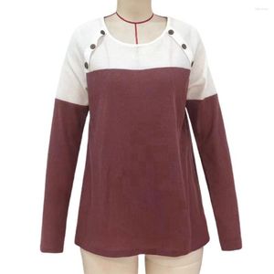 Women's Blouses Soft Women Top Daily Colorblock Long Sleeve Knit Round Neck Pullover Stylish With Button For