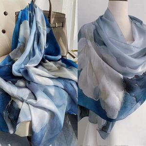 Lenços China estilo azul branco flor de seda lenço feminino xale dufanda outono inverno longo hijabs marca de moda