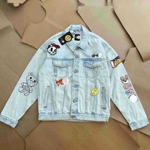 Giacche da uomo nuovo Drew Bieber Multi Element Stitching Smiling Face Ricamo Graffiti Cappotto in denim