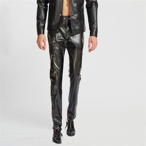 Bule de café primavera outono personalidade moda motocicleta calças de couro falso dos homens pés finos calças do plutônio para homem pantalon homme preto