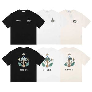 2024men's T-shirts Meichao Rhude Short Sleeve Collection Micro Label Island Coconut Tree Print T-shirt for Men and Women High Street Loose Half