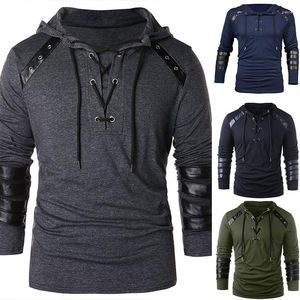 Men's Hoodies Men Clothes Hoodie Jacket Drawstring Hooded Personality Combination Leather Bandage Long Sleeve Pullover Coat