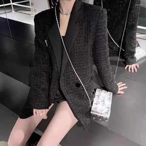 Kvinnors kostymer 2023 Autumn Winter Fashion Black Tweed Long Sleeve Suit Jacket Casual Elegant Coat Women Temperament Woolen Blended Blazers