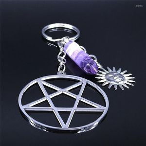 Schlüsselanhänger Invertiertes Pentagramm Satanisches Symbol Pentagramm Schlüsselbund Edelstahl Lila Kristall Schlüsselanhänger Schmuck Porte Clef Femme N4238S02