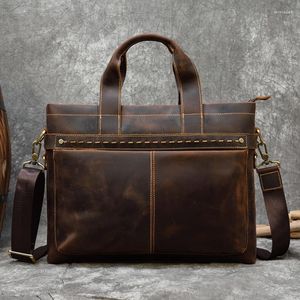 Briefcases High Fashion Crazy Horse Luxury Men Leather Handbags Men's Laptop Handbag Briefcase Shoulder Bag With Notebook Compartment