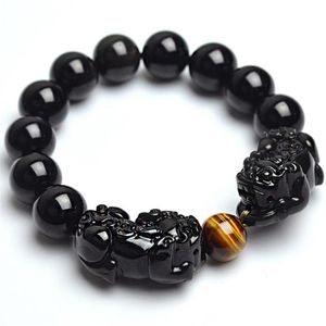 Natural Stone Black Obsidian Armband med Tiger Eye och Double Pixiu Lucky Brave Troops Charms Women Men smycken Pärled Strands268y