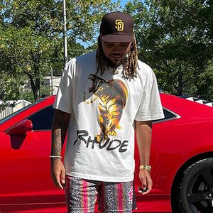 2024men's T-shirts Rhude Tiger Print Short-sleeved American High-street Hip-hop Loose Casual Versatile Round-neck Couple T-shirt Fashion