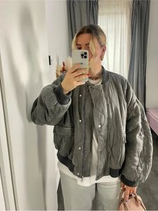 Womens Fur Faux Gray Cotton Bomber Jacket Coat For Women Loose Oneck Långärmad avslappnad Outwear Autumn Winter Fashion Female Streetwear 230928