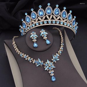 Necklace Earrings Set Luxury Crystal Crown Bride Wedding Choker Sets For Women Bridal Tiaras Costume Accessories