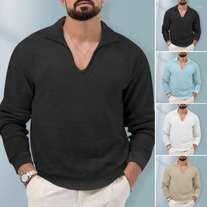 T-shirt da uomo Uomo Top bavero con scollo a V Pullover T-shirt Slim Fit manica lunga Waffle Texture Autunno Inverno Tee Shirt Streetwear